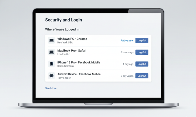 Facebook login activity page showing devices and active sessions