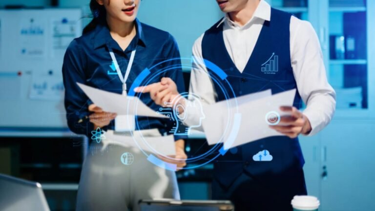 Professionals using AI in Business tools for data analysis and decision-making