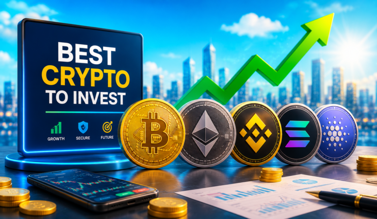 Best Crypto to Invest in Right Now in 2026 Best Crypto to Invest comparison of Bitcoin, Ethereum, Solana, and Chainlink with portfolio growth chart