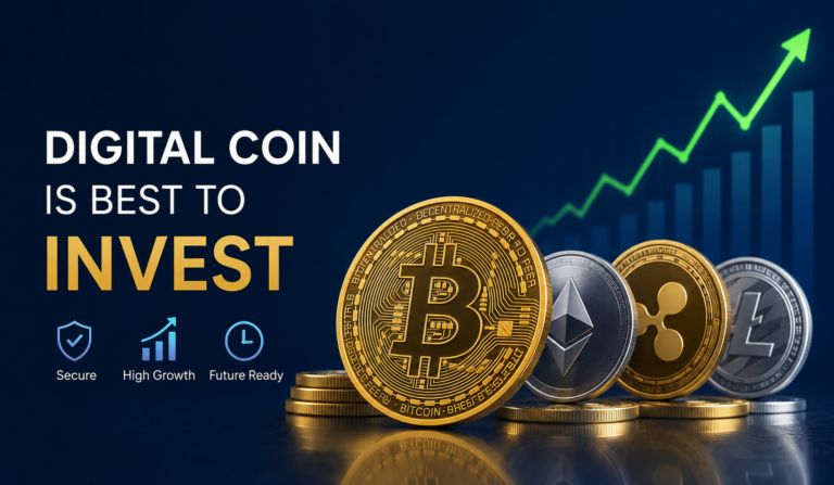 Which Digital Coin Is Best to Invest in Right Now? Digital Coin Is Best to Invest comparison showing Bitcoin, Ethereum, Solana, BNB, and XRP with investment chart