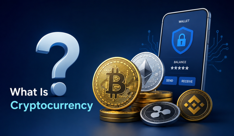 What Is Cryptocurrency? What Is Cryptocurrency illustrated with Bitcoin, Ethereum, blockchain network, and digital wallet icons